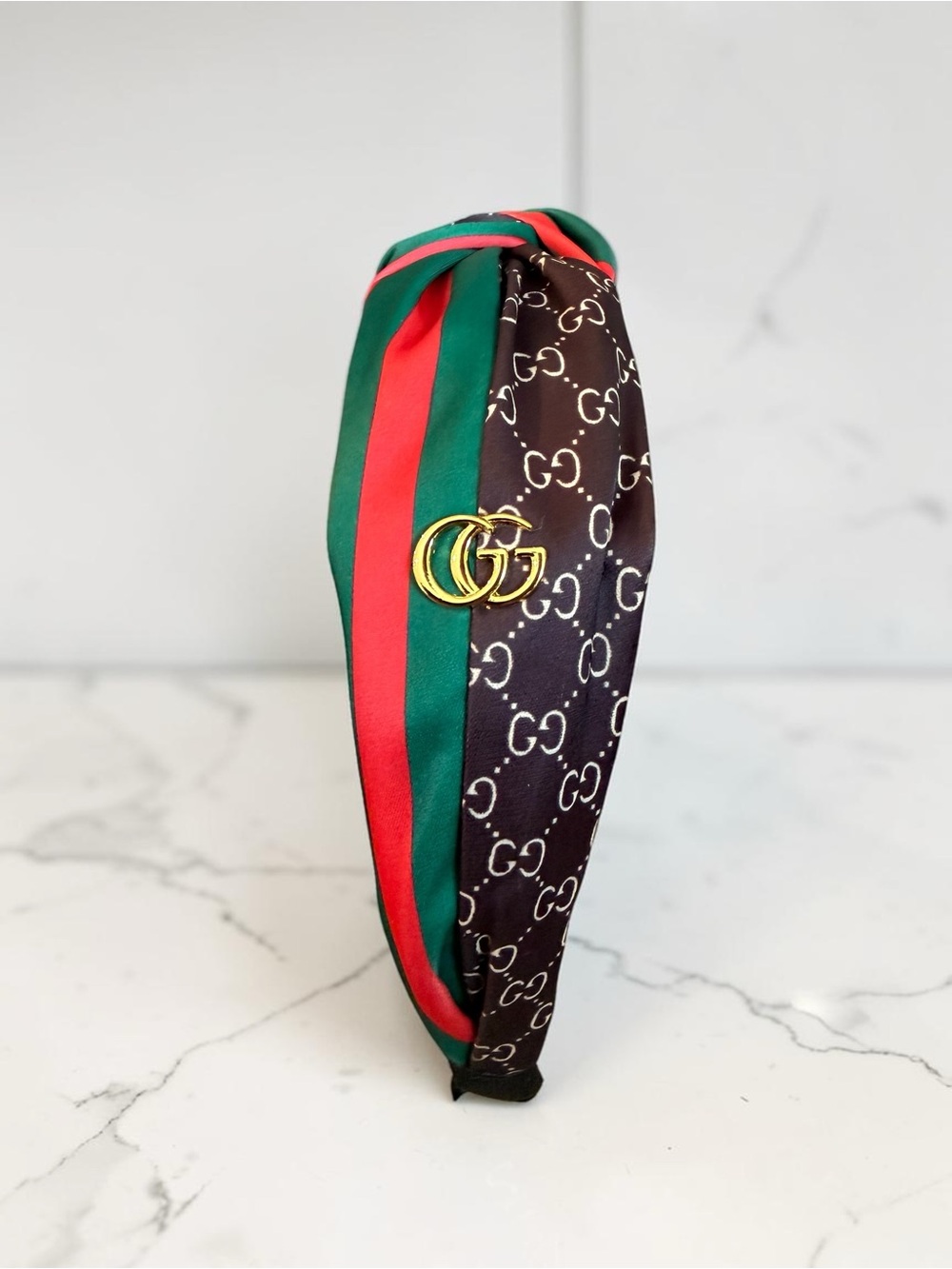 NWOT Source Unknown Brown Monogram Headband with Green & Red Stripes & Gold Logo